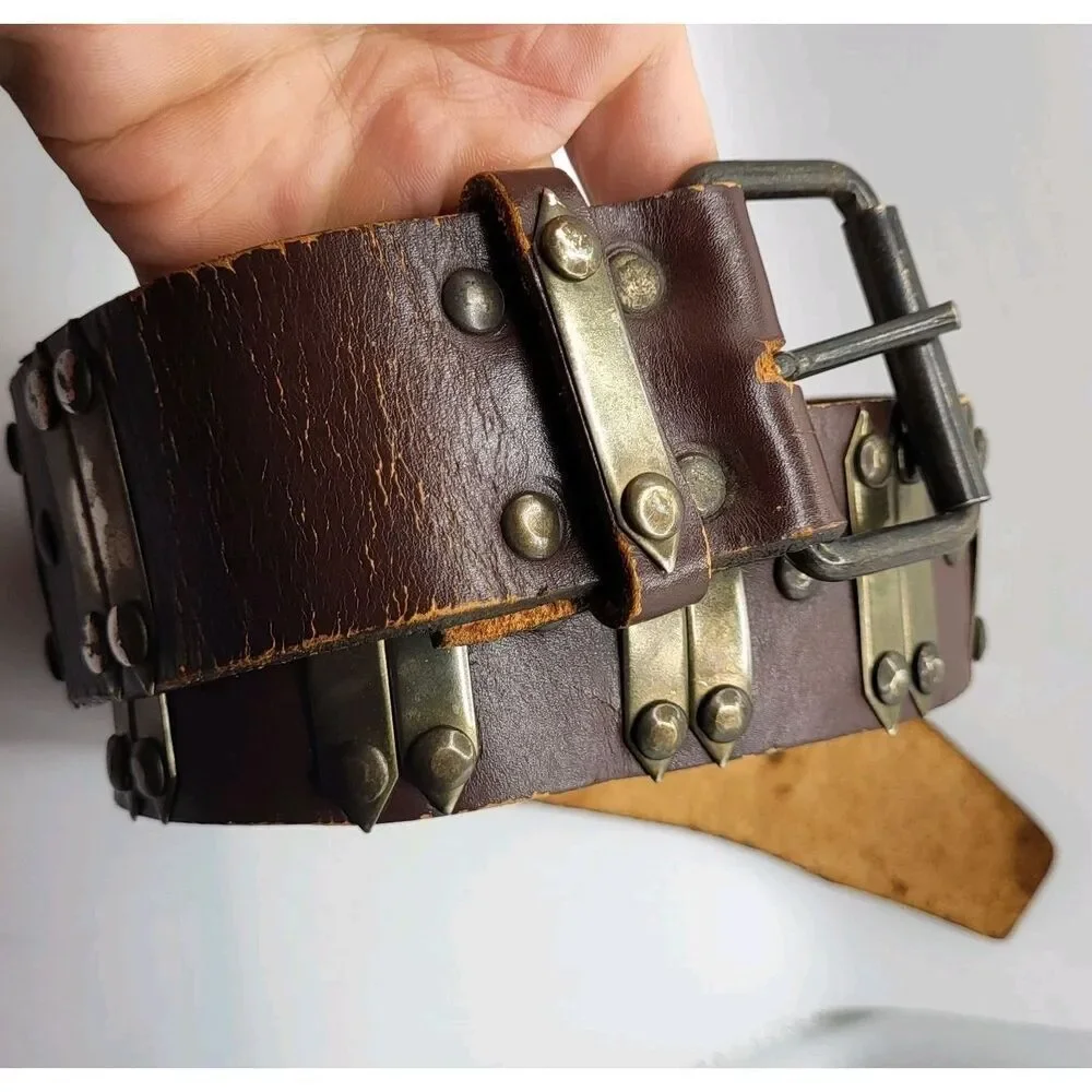 Bohemian Leather Belt With Brass Details Wide Small Length 27.5in to 32.5in